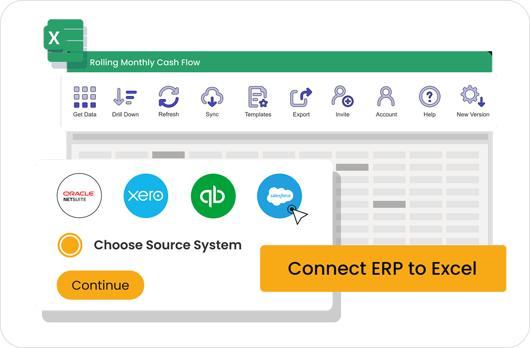 Datarails connecting Oracle NetSuite, Xero, QuickBooks and Salesforce data into a live Excel model